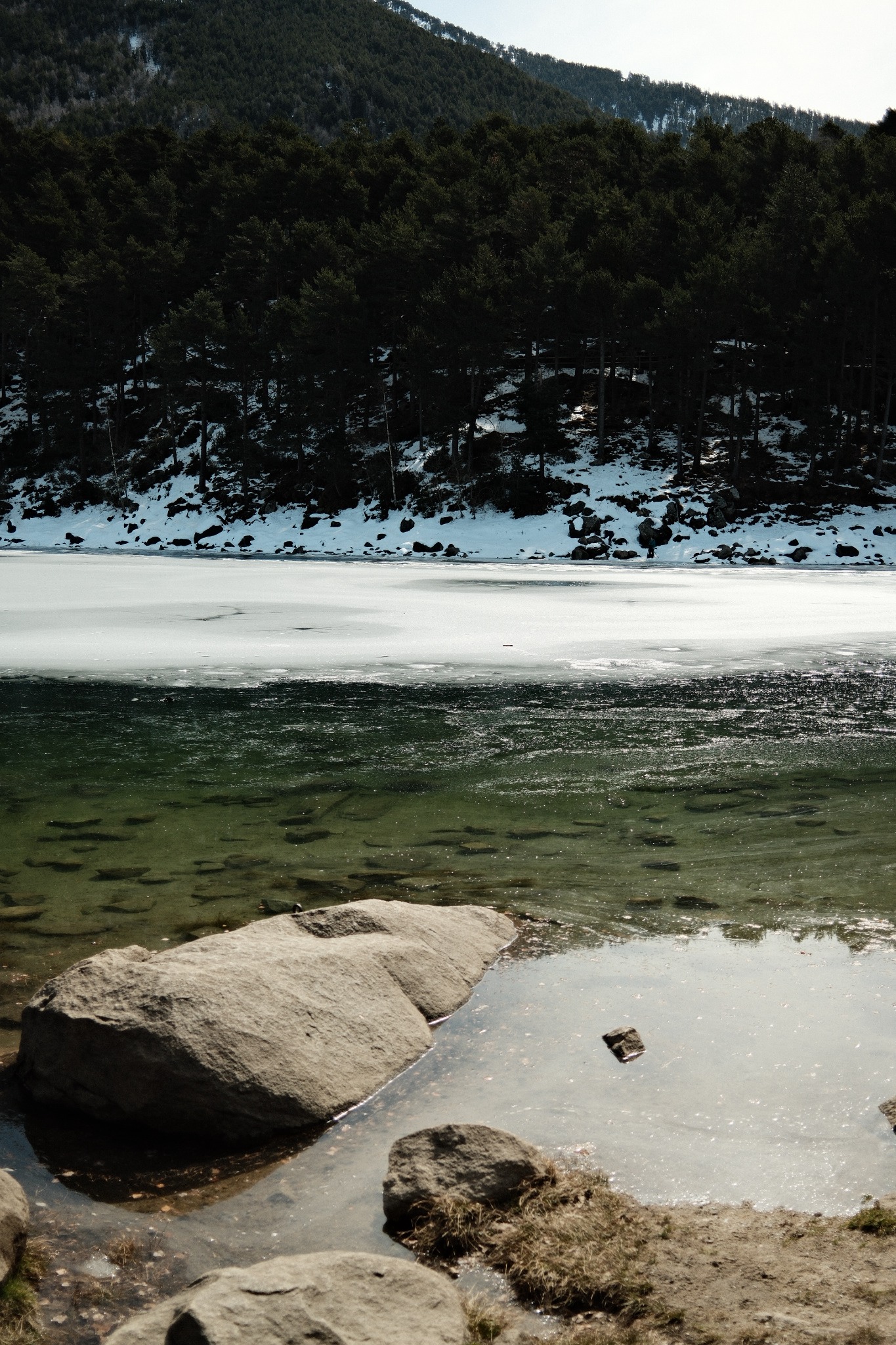 Orilla helada de un lago en Andorra